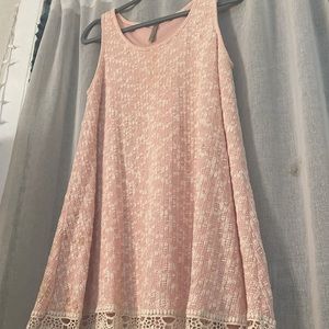 Womens blush pink sweater dress w lace trimming; size large